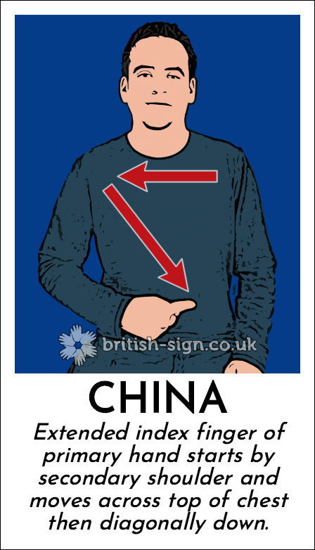 China: Extended index finger of primary hand starts by secondary shoulder and moves across top of chest then diagonally down.